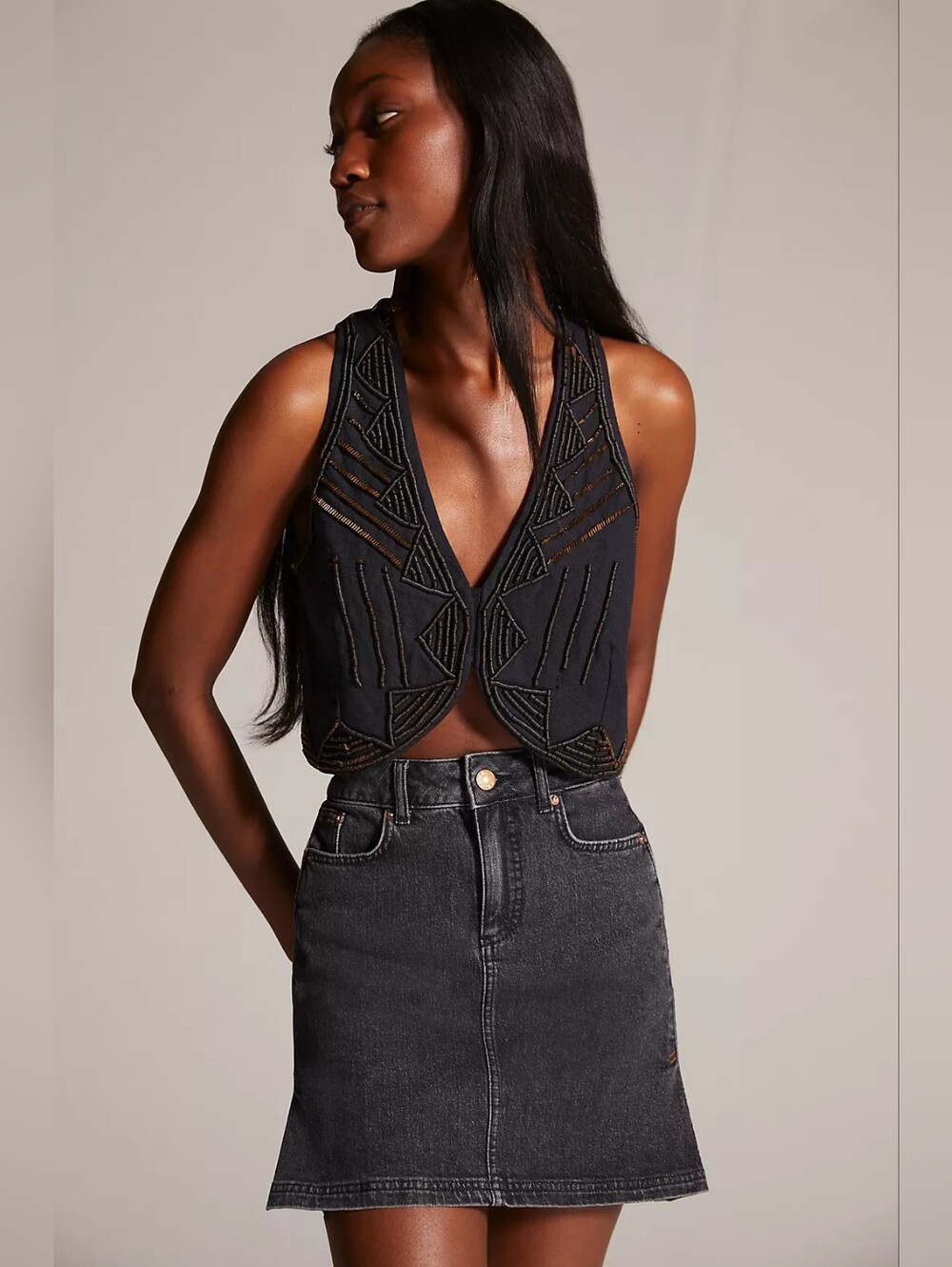 Anthropologie Pilcro Denim Mini Skirt Black Side Pleat Size 6 Y2K Boho Summer